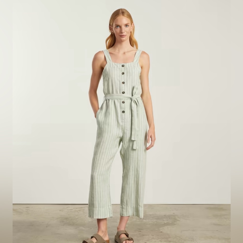 Everlane The Linen Jumpsuit in Seafoam Pinstripe